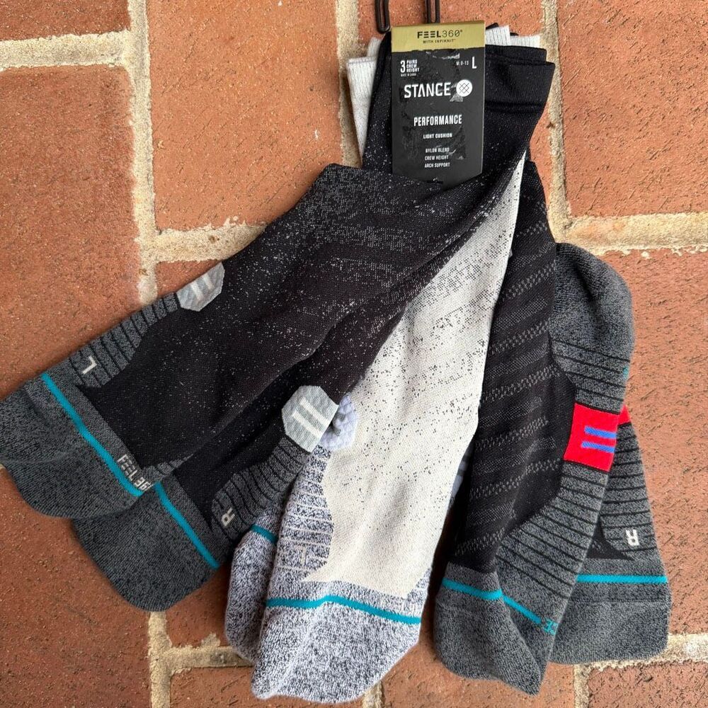 Stance $55 FEEL360 InfiKnit Performance Light Cushion Crew Socks 3 Pair L NEW